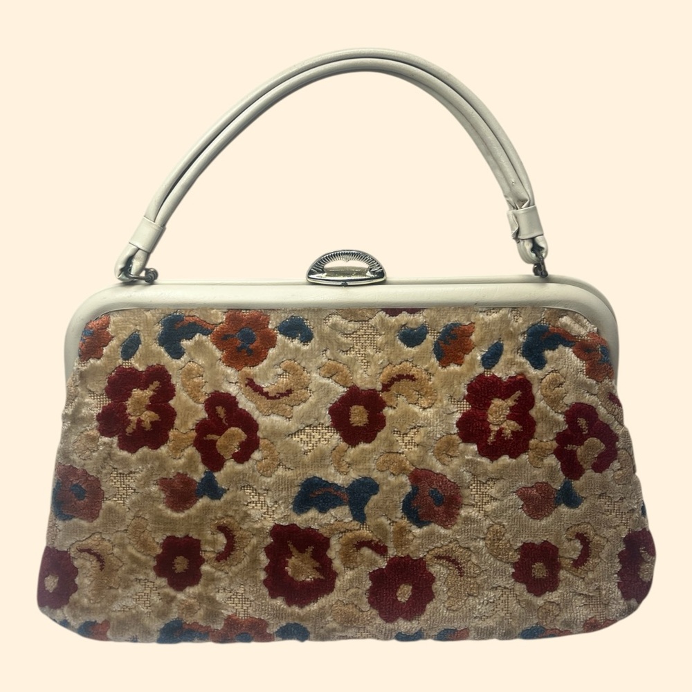 1960s Vintage Floral Tapestry Handbag with Cream Handle